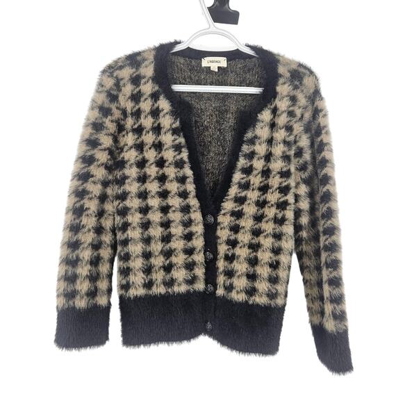 L'agence Saylor Cardigan Sweater Brown Black Faux Fur Houndstooth Cropped Size M - Picture 2 of 7